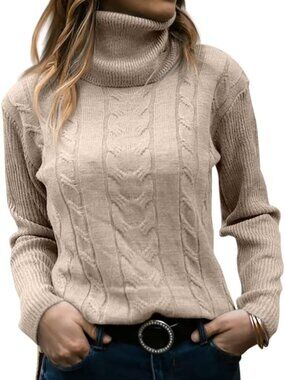 Cozy Women's Turtleneck Long Sleeve Cable Knit Sweater - Perfect for Fall/Winter